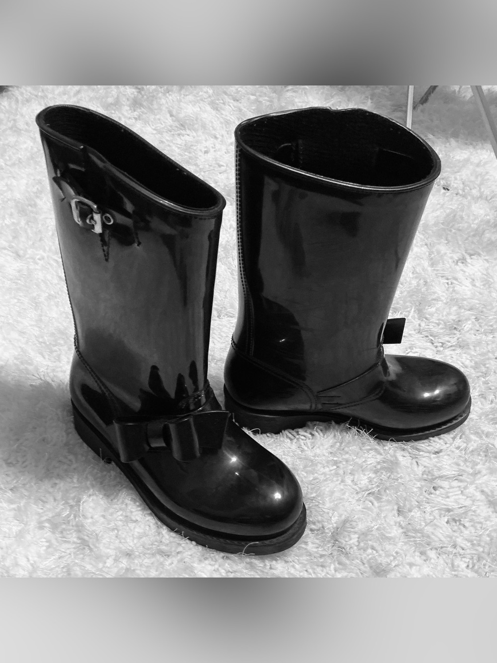 RED Valentino Black Patent Rain Boots with Bow Detail